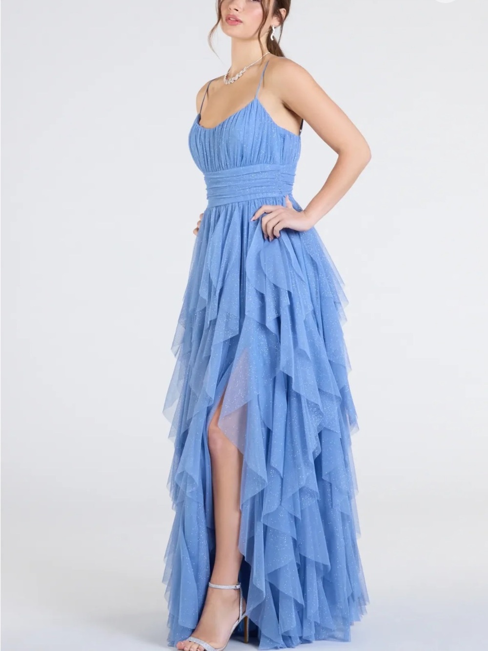 Katrina Ruffled slit a-line glitter mesh formal dress.